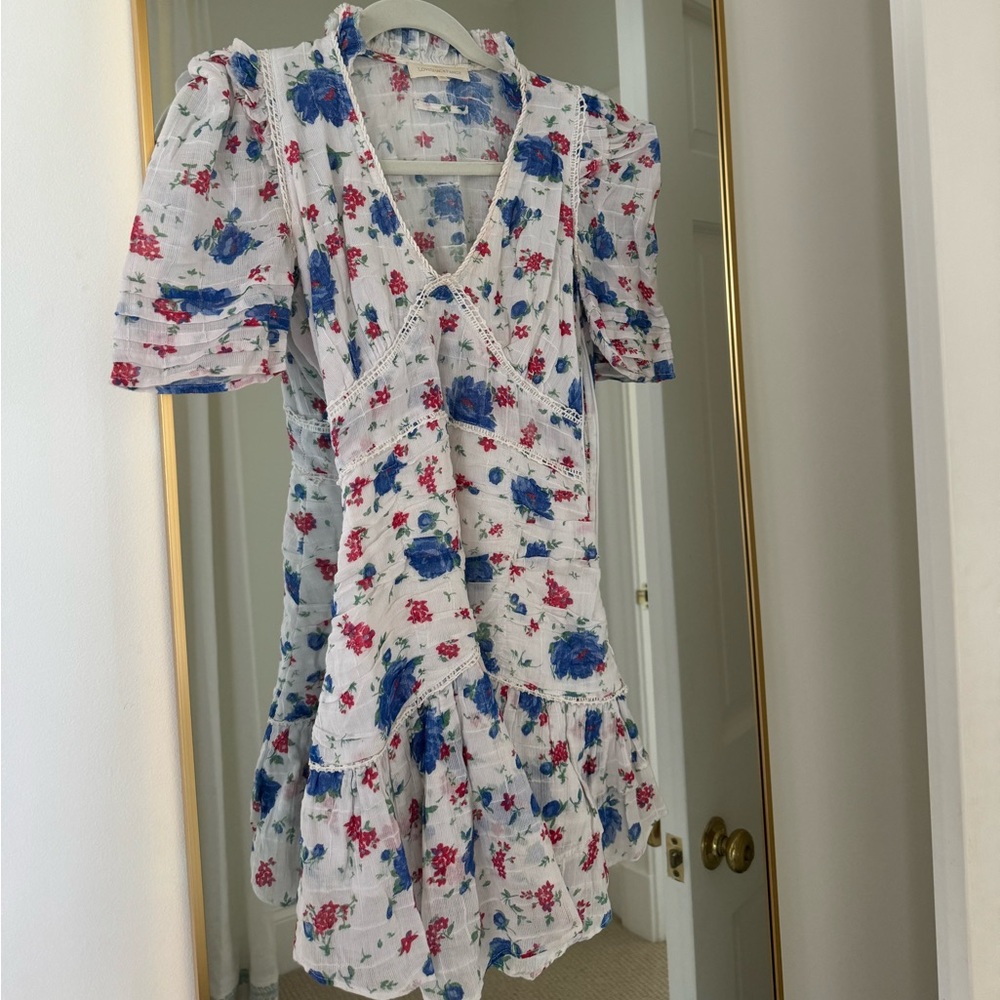 Love Shack Fancy blue red and while floral mini dress with puff sleeves